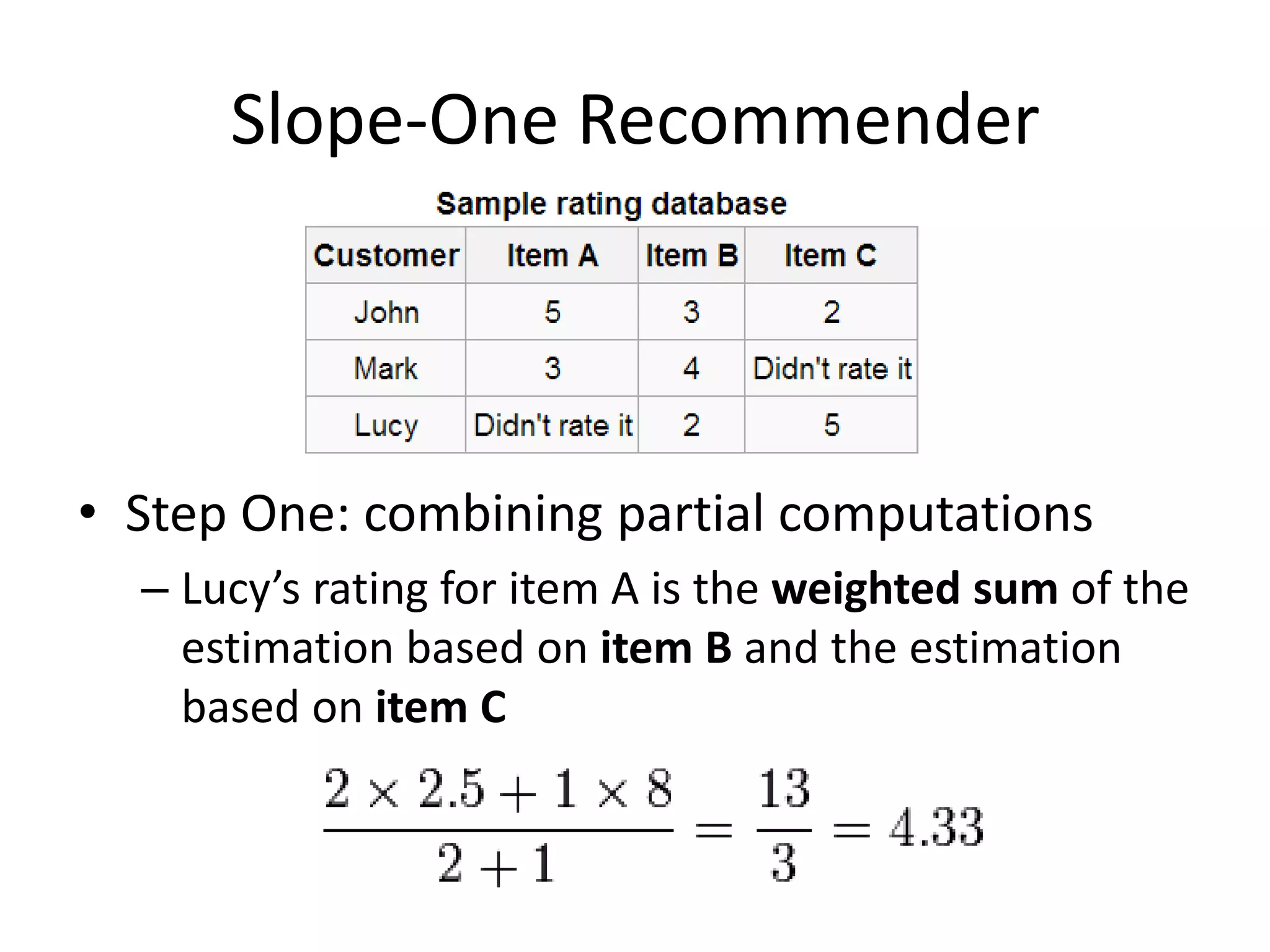 Slope-One Recommender

• Step One: combining partial computations
– Lucy’s rating for item A is the weighted sum of the
estimation based on item B and the estimation
based on item C

 