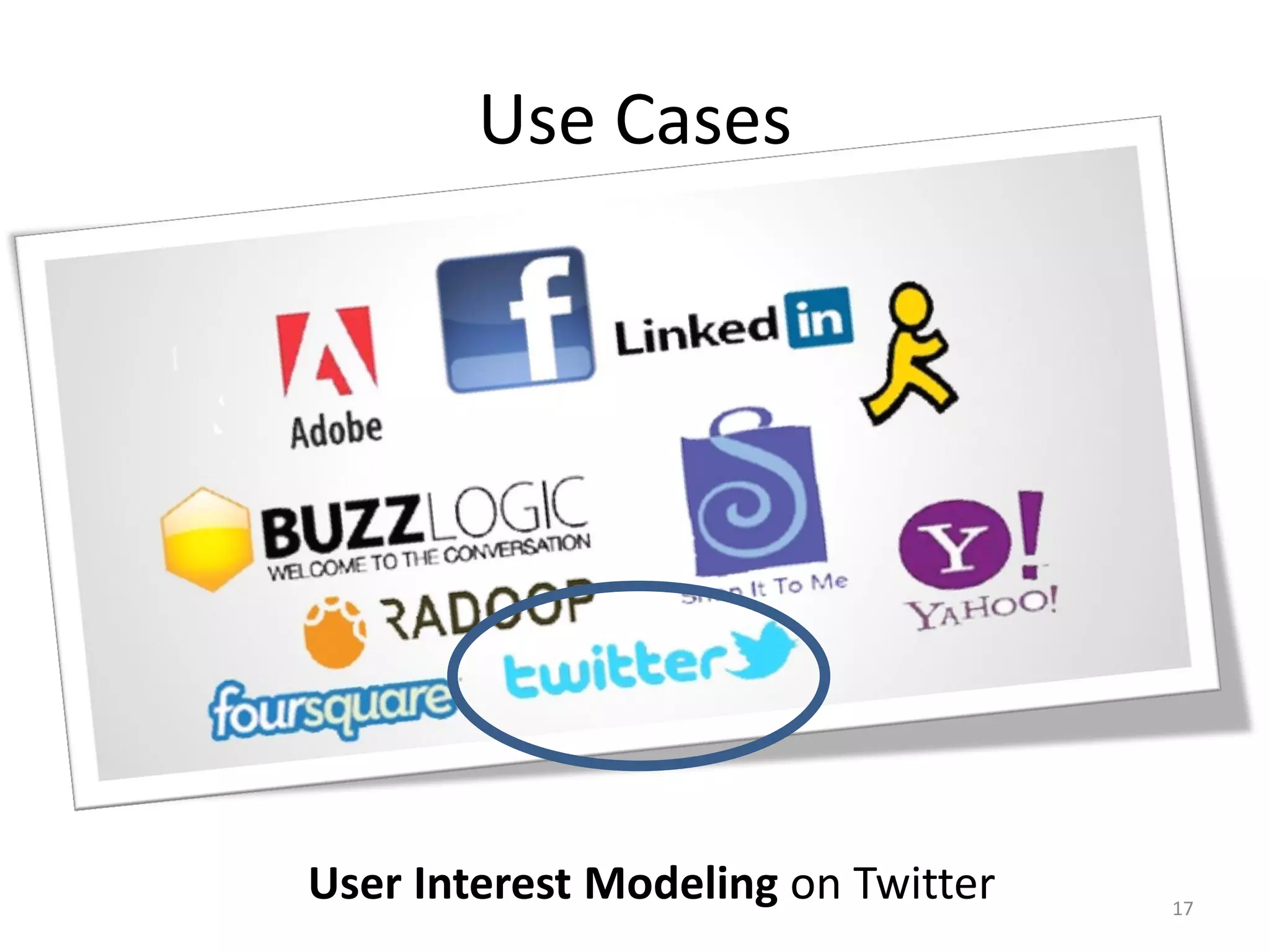 Use Cases
User Interest Modeling on Twitter 17
 