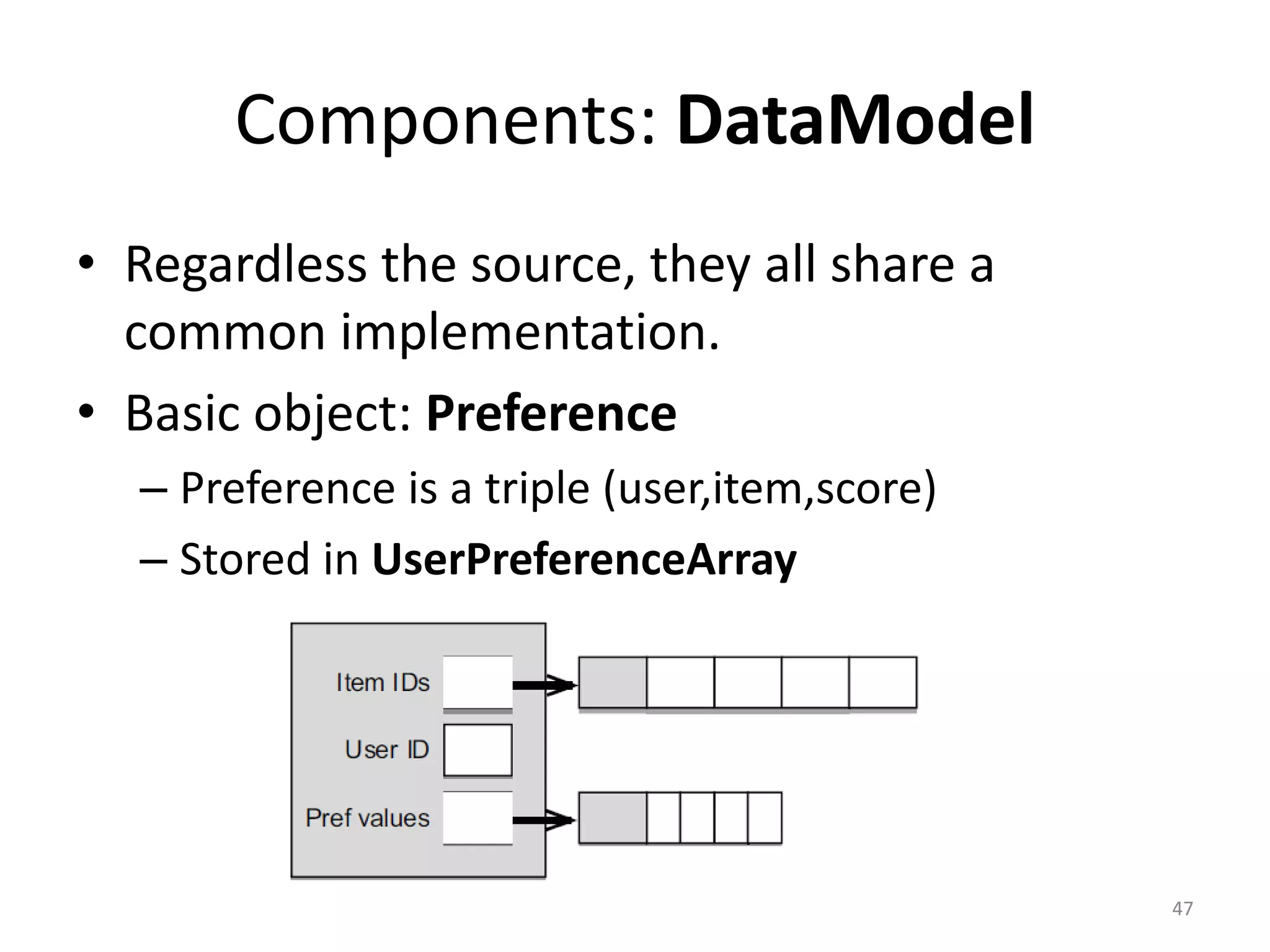 Components: DataModel
• Regardless the source, they all share a
common implementation.
• Basic object: Preference
– Preference is a triple (user,item,score)
– Stored in UserPreferenceArray
47
 