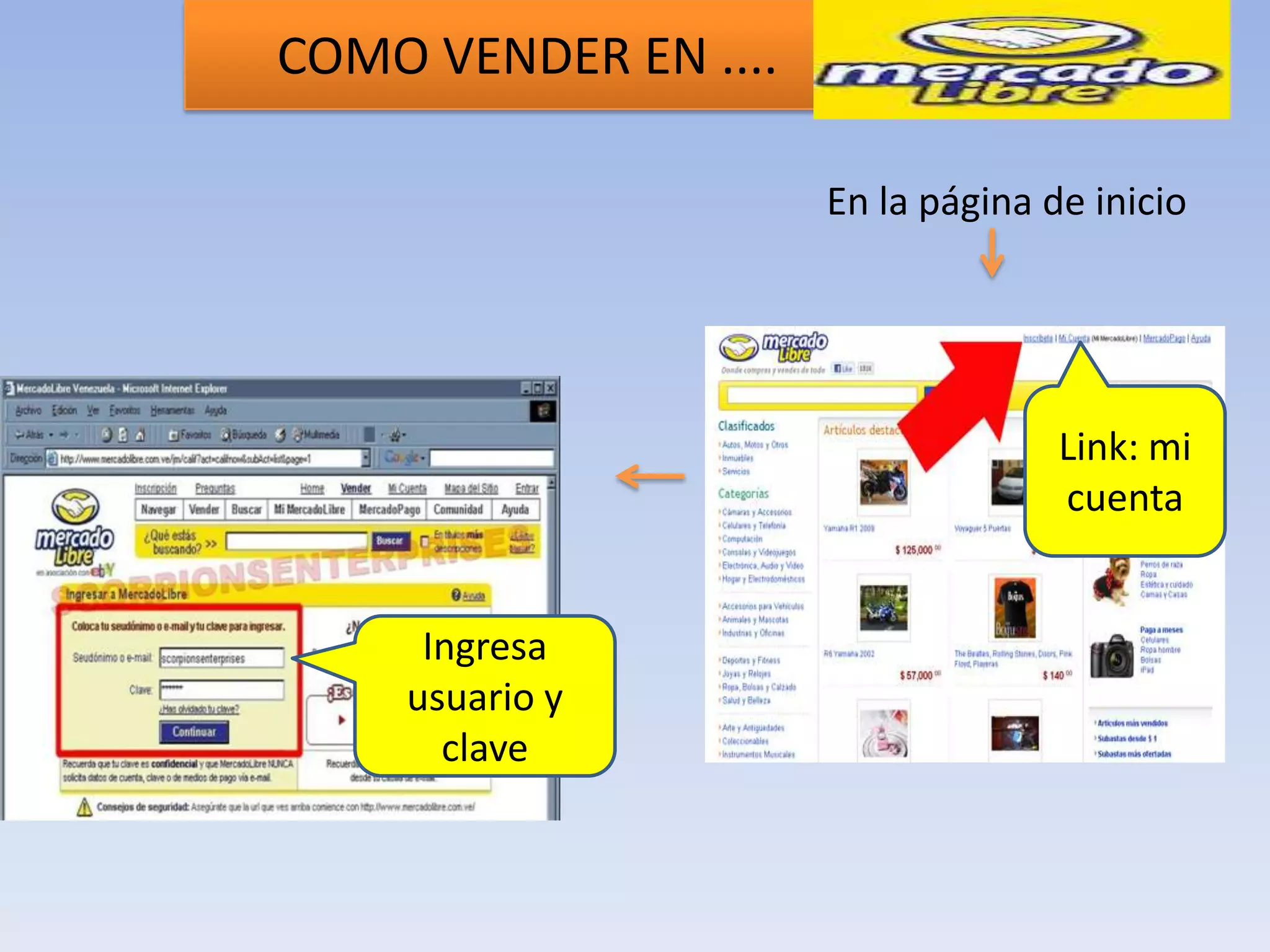 COMO VENDER EN ....

                      En la página de inicio




                                    Link: mi
                                    cuenta


     Ingresa
    usuario y
      clave
 