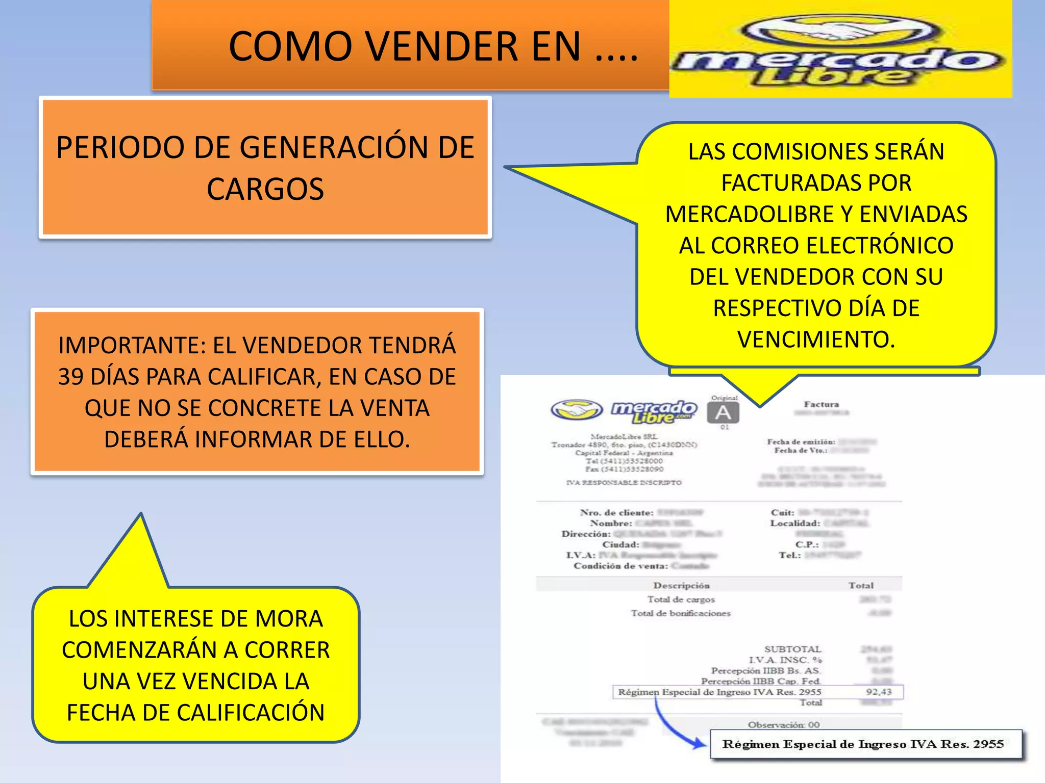 COMO VENDER EN ....

PERIODO DE GENERACIÓN DE               LAS COMISIONES SERÁN
         CARGOS                           FACTURADAS POR
                                     MERCADOLIBRE Y ENVIADAS
                                      AL CORREO ELECTRÓNICO
                                       DEL VENDEDOR CON SU
                                         RESPECTIVO DÍA DE
IMPORTANTE: EL VENDEDOR TENDRÁ             VENCIMIENTO.
39 DÍAS PARA CALIFICAR, EN CASO DE
  QUE NO SE CONCRETE LA VENTA
    DEBERÁ INFORMAR DE ELLO.




LOS INTERESE DE MORA
COMENZARÁN A CORRER
 UNA VEZ VENCIDA LA
FECHA DE CALIFICACIÓN
 