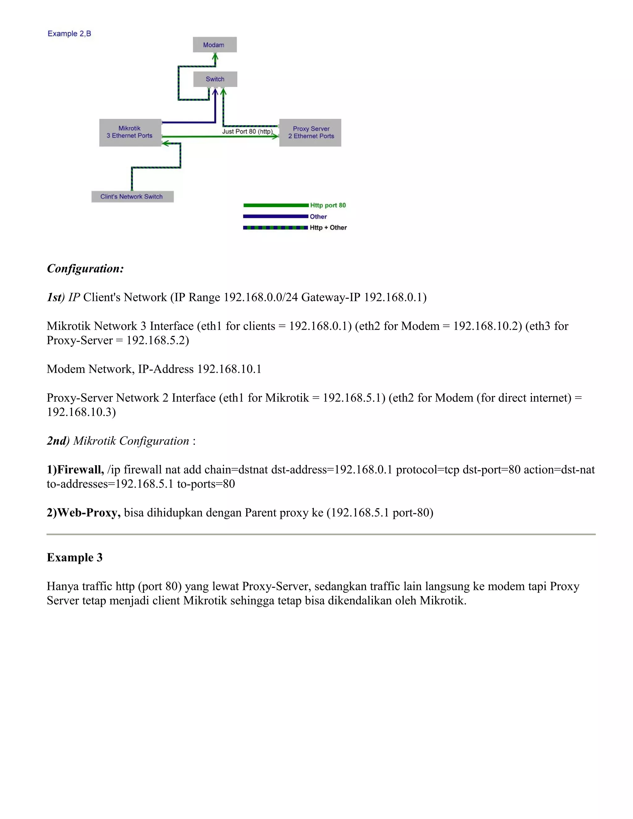 Configuration:
1st) IP Client's Network (IP Range 192.168.0.0/24 Gateway-IP 192.168.0.1)
Mikrotik Network 3 Interface (eth1 for clients = 192.168.0.1) (eth2 for Modem = 192.168.10.2) (eth3 for
Proxy-Server = 192.168.5.2)
Modem Network, IP-Address 192.168.10.1
Proxy-Server Network 2 Interface (eth1 for Mikrotik = 192.168.5.1) (eth2 for Modem (for direct internet) =
192.168.10.3)
2nd) Mikrotik Configuration :
1)Firewall, /ip firewall nat add chain=dstnat dst-address=192.168.0.1 protocol=tcp dst-port=80 action=dst-nat
to-addresses=192.168.5.1 to-ports=80
2)Web-Proxy, bisa dihidupkan dengan Parent proxy ke (192.168.5.1 port-80)
Example 3
Hanya traffic http (port 80) yang lewat Proxy-Server, sedangkan traffic lain langsung ke modem tapi Proxy
Server tetap menjadi client Mikrotik sehingga tetap bisa dikendalikan oleh Mikrotik.
 