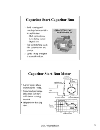 21
Capacitor Start-Capacitor Run
• Both starting and
running characteristics
are optimized.
– High starting torque
– Low starting current
– Highest cost
• For hard starting loads
like compressors and
pumps.
• Up to 10 Hp or higher
is some situations.
Capacitor Start-Run Motor
• Larger single phase
motors up to 10 Hp.
• Good starting torque
(less than cap start)
with lower starting
current.
• Higher cost than cap
start.
www.PAControl.com
 