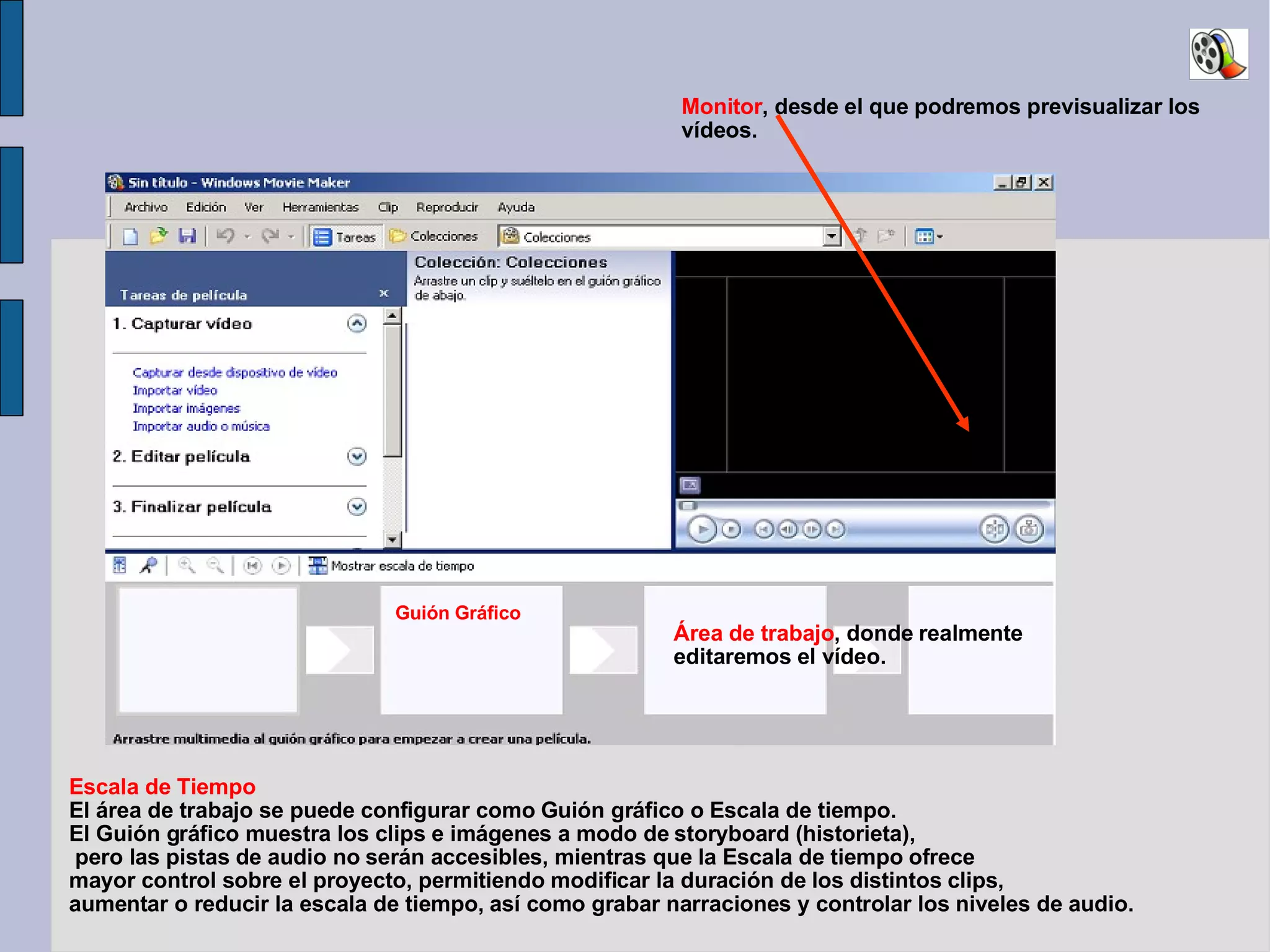 Monitor , desde el que podremos previsualizar los vídeos . Escala de Tiempo El área de trabajo se puede configurar como Guión gráfico o Escala de tiempo.  El Guión gráfico muestra los clips e imágenes a modo de storyboard (historieta), pero las pistas de audio no serán accesibles, mientras que la Escala de tiempo ofrece  mayor control sobre el proyecto, permitiendo modificar la duración de los distintos clips,  aumentar o reducir la escala de tiempo, así como grabar narraciones y controlar los niveles de audio. Área de trabajo , donde realmente editaremos el vídeo. Guión Gráfico 
