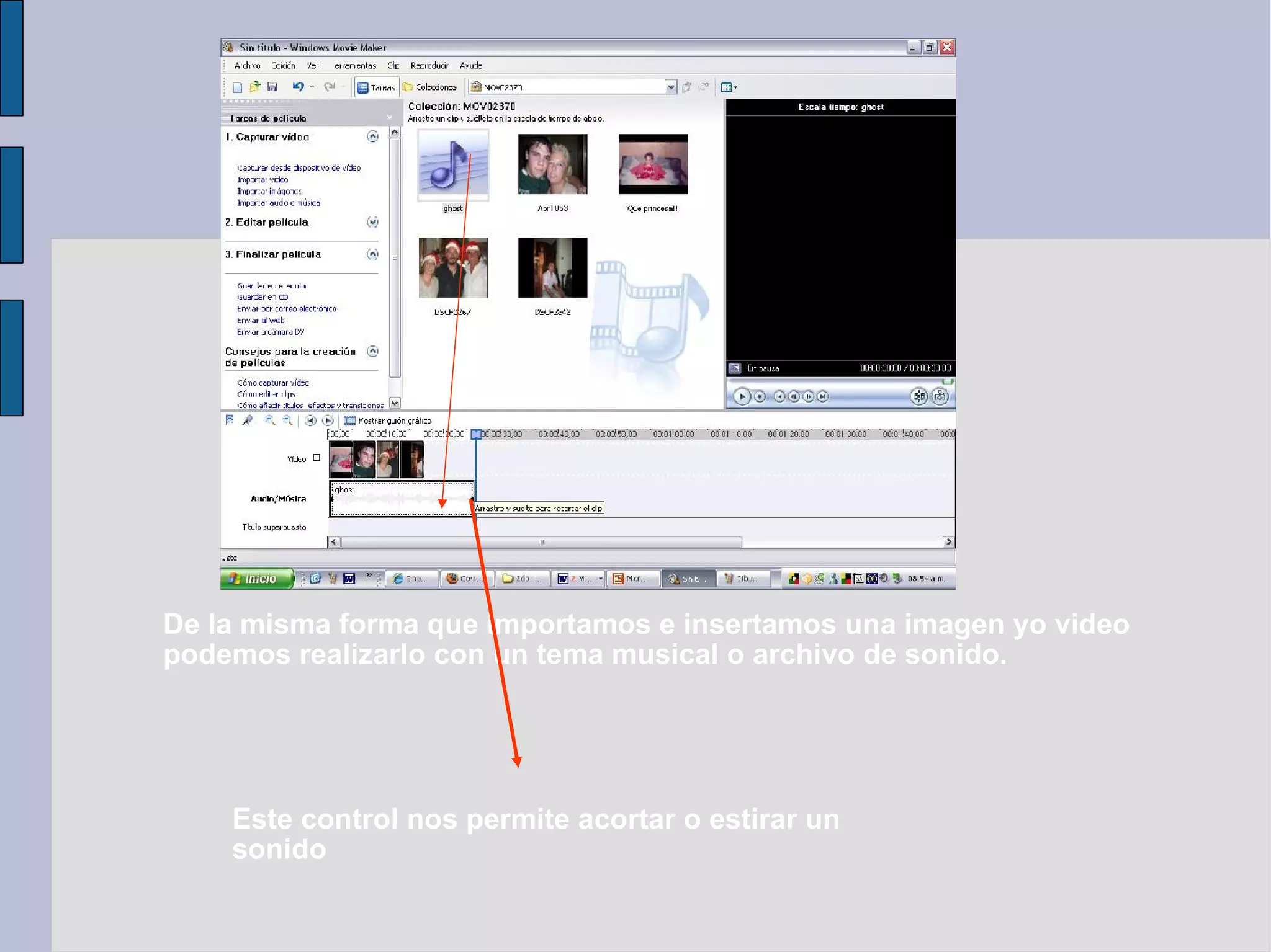 De la misma forma que importamos e insertamos una imagen yo video  podemos realizarlo con un tema musical o archivo de sonido. Este control nos permite acortar o estirar un sonido 