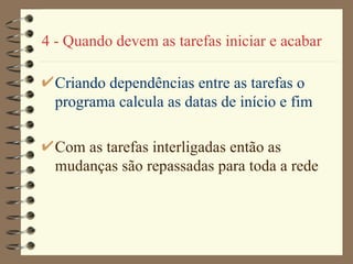 4 - Quando devem as tarefas iniciar e acabar Criando dependências entre as tarefas o programa calcula as datas de início e fim Com as tarefas interligadas então as mudanças são repassadas para toda a rede 