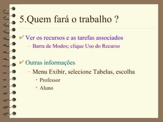 5.Quem fará o trabalho ? Ver os recursos e as tarefas associados Barra de Modos ; clique Us o do Recurso Outras informações Menu  Exibir , selecione Tabe la s, escolha Professor Aluno 
