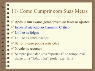 11- Como Cumprir com Suas Metas Após  o um exame geral devem-se fazer os ajustes Especial atenção ao Caminho Crítico Utilize as folgas Utilize as antecipações Se for o caso ponha restrições Nivele os recursos Sempre pode dar uma “apertada” no tempo,mas deixe uma “folguinha”, pode fazer falta 