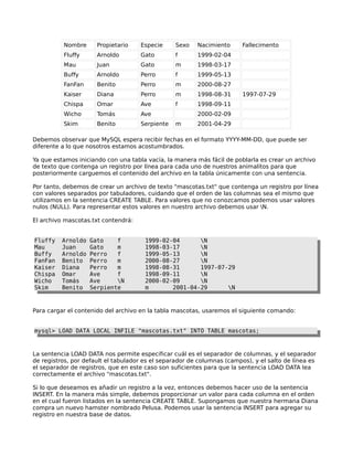 Nombre

Propietario

Especie

Sexo

Nacimiento

Fluffy

Arnoldo

Gato

f

1999-02-04

Mau

Juan

Gato

m

1998-03-17

Buffy

Arnoldo

Perro

f

1999-05-13

FanFan

Benito

Perro

m

2000-08-27

Kaiser

Diana

Perro

m

1998-08-31

Chispa

Omar

Ave

f

1998-09-11

Wicho

Tomás

Ave

Skim

Benito

Serpiente

Fallecimento

1997-07-29

2000-02-09
m

2001-04-29

Debemos observar que MySQL espera recibir fechas en el formato YYYY-MM-DD, que puede ser
diferente a lo que nosotros estamos acostumbrados.
Ya que estamos iniciando con una tabla vacía, la manera más fácil de poblarla es crear un archivo
de texto que contenga un registro por línea para cada uno de nuestros animalitos para que
posteriormente carguemos el contenido del archivo en la tabla únicamente con una sentencia.
Por tanto, debemos de crear un archivo de texto "mascotas.txt" que contenga un registro por línea
con valores separados por tabuladores, cuidando que el orden de las columnas sea el mismo que
utilizamos en la sentencia CREATE TABLE. Para valores que no conozcamos podemos usar valores
nulos (NULL). Para representar estos valores en nuestro archivo debemos usar N.
El archivo mascotas.txt contendrá:
Fluffy
Mau
Buffy
FanFan
Kaiser
Chispa
Wicho
Skim

Arnoldo
Juan
Arnoldo
Benito
Diana
Omar
Tomás
Benito

Gato
f
Gato
m
Perro
f
Perro
m
Perro
m
Ave
f
Ave
N
Serpiente

1999-02-04
N
1998-03-17
N
1999-05-13
N
2000-08-27
N
1998-08-31
1997-07-29
1998-09-11
N
2000-02-09
N
m
2001-04-29
N

Para cargar el contenido del archivo en la tabla mascotas, usaremos el siguiente comando:
mysql> LOAD DATA LOCAL INFILE "mascotas.txt" INTO TABLE mascotas;

La sentencia LOAD DATA nos permite especificar cuál es el separador de columnas, y el separador
de registros, por default el tabulador es el separador de columnas (campos), y el salto de línea es
el separador de registros, que en este caso son suficientes para que la sentencia LOAD DATA lea
correctamente el archivo "mascotas.txt".
Si lo que deseamos es añadir un registro a la vez, entonces debemos hacer uso de la sentencia
INSERT. En la manera más simple, debemos proporcionar un valor para cada columna en el orden
en el cual fueron listados en la sentencia CREATE TABLE. Supongamos que nuestra hermana Diana
compra un nuevo hamster nombrado Pelusa. Podemos usar la sentencia INSERT para agregar su
registro en nuestra base de datos.

 