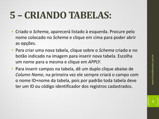 • Criado o Schema, aparecerá listado à esquerda. Procure pelo
nome colocado no Schema e clique em cima para poder abrir
as opções.
• Para criar uma nova tabela, clique sobre o Schema criado e no
botão indicado na imagem para inserir nova tabela. Escolha
um nome para a mesma e clique em APPLY.
• Para inserir campos na tabela, dê um duplo clique abaixo de
Column Name, na primeira vez ele sempre criará o campo com
o nome ID+nome da tabela, pois por padrão toda tabela deve
ter um ID ou código identificador dos registros cadastrados.

www.DanielBrandao.com.br

5 – CRIANDO TABELAS:

9

 