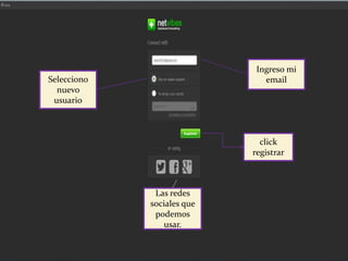 Ingreso mi
emailSelecciono
nuevo
usuario
click
registrar
Las redes
sociales que
podemos
usar.
 