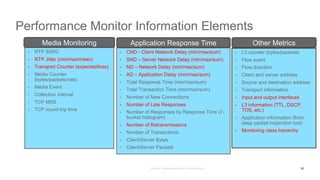 • RTP SSRC
• RTP Jitter (min/max/mean)
• Transport Counter (expected/loss)
• Media Counter
(bytes/packets/rate)
• Media Event
• Collection interval
• TCP MSS
• TCP round-trip time
Performance Monitor Information Elements
• CND - Client Network Delay (min/max/sum)
• SND – Server Network Delay (min/max/sum)
• ND – Network Delay (min/max/sum)
• AD – Application Delay (min/max/sum)
• Total Response Time (min/max/sum)
• Total Transaction Time (min/max/sum)
• Number of New Connections
• Number of Late Responses
• Number of Responses by Response Time (7-
bucket histogram)
• Number of Retransmissions
• Number of Transactions
• Client/Server Bytes
• Client/Server Packets
• L3 counter (bytes/packets)
• Flow event
• Flow direction
• Client and server address
• Source and destination address
• Transport information
• Input and output interfaces
• L3 information (TTL, DSCP,
TOS, etc.)
• Application information (from
deep packet inspection tool)
• Monitoring class hierarchy
Media Monitoring Application Response Time Other Metrics
38
 