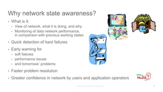 Why network state awareness?
• What is it:
• View of network, what it is doing, and why
• Monitoring of data network performance,
in comparison with previous working states
• Quick detection of hard failures
• Early warning for
• soft failures
• performance issues
• and tomorrows’ problems
• Faster problem resolution
• Greater confidence in network by users and application operators
7
 