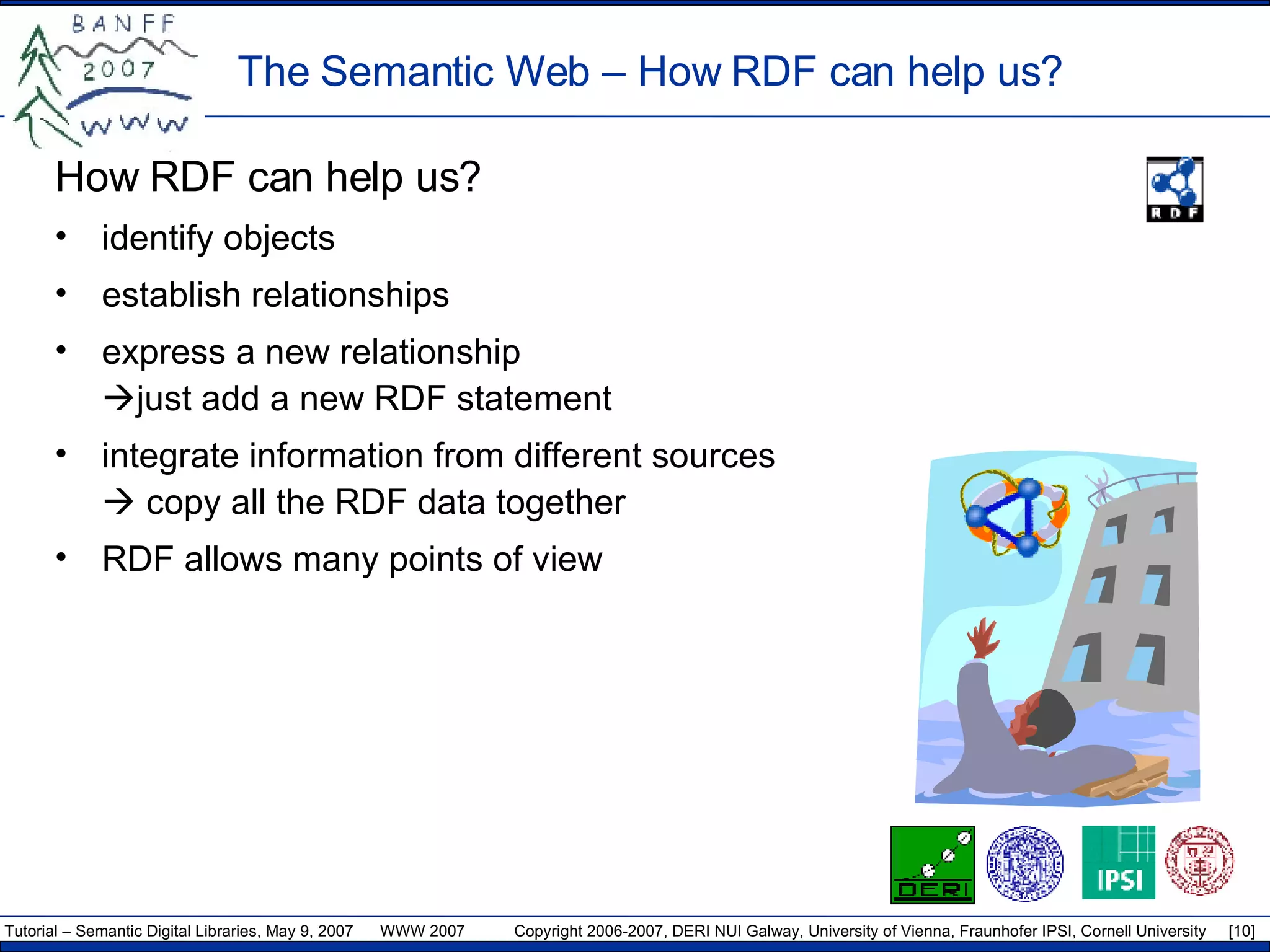 The Semantic Web – How RDF can help us? How RDF can help us? identify objects establish relationships express a new relationship   just add a new RDF statement  integrate information from different sources    copy all the RDF data together RDF allows many points of view 