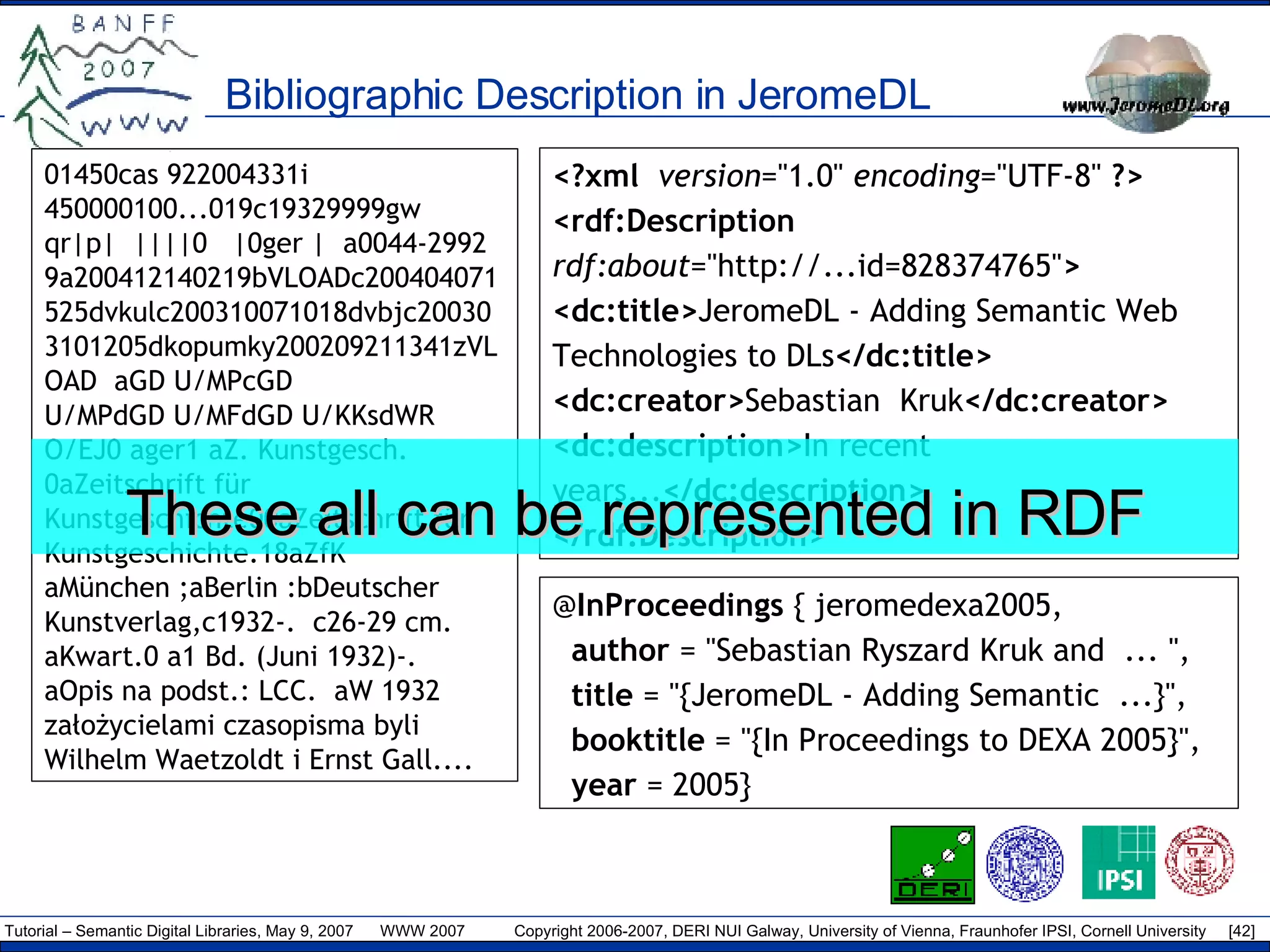 Bibliographic Description in JeromeDL <?xml  version =&quot;1.0&quot;  encoding =&quot;UTF-8&quot;  ?> <rdf:Description   rdf:about =&quot;http://...id=828374765&quot; > <dc:title> JeromeDL - Adding Semantic Web Technologies to DLs </dc:title> <dc:creator> Sebastian  Kruk </dc:creator> <dc:description> In recent  years... </dc:description> </rdf:Description> 01450cas 922004331i 450000100...019c19329999gw  qr|p|  ||||0  |0ger |  a0044-2992 9a200412140219bVLOADc200404071525dvkulc200310071018dvbjc200303101205dkopumky200209211341zVLOAD  aGD U/MPcGD  U/MPdGD U/MFdGD U/KKsdWR O/EJ0 ager1 aZ. Kunstgesch. 0aZeitschrift für Kunstgeschichte00aZeitschrift für Kunstgeschichte.18aZfK  aMünchen ;aBerlin :bDeutscher Kunstverlag,c1932-.  c26-29 cm.  aKwart.0 a1 Bd. (Juni 1932)-.  aOpis na podst.: LCC.  aW 1932 założycielami czasopisma byli Wilhelm Waetzoldt i Ernst Gall....  These all can be represented in RDF @ InProceedings  { jeromedexa2005, author  = &quot;Sebastian Ryszard Kruk and  ... &quot;, title  = &quot;{JeromeDL - Adding Semantic  ...}&quot;, booktitle  = &quot;{In Proceedings to DEXA 2005}&quot;, year  = 2005} 