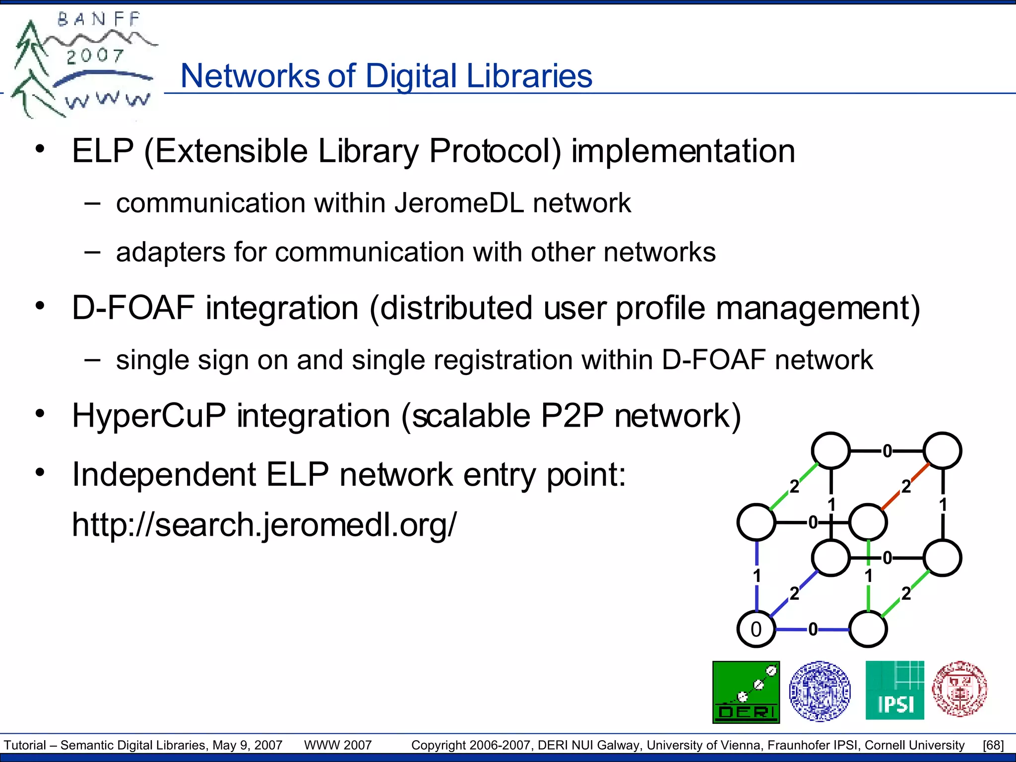 Networks of Digital Libraries  ELP (Extensible Library Protocol) implementation communication within JeromeDL network adapters for communication with other networks D-FOAF integration (distributed user profile management) single sign on and single registration within D-FOAF network HyperCuP integration (scalable P2P network) Independent ELP network entry point: http://search.jeromedl.org/ 0 0 1 1 0 0 1 1 0 2 2 2 2 