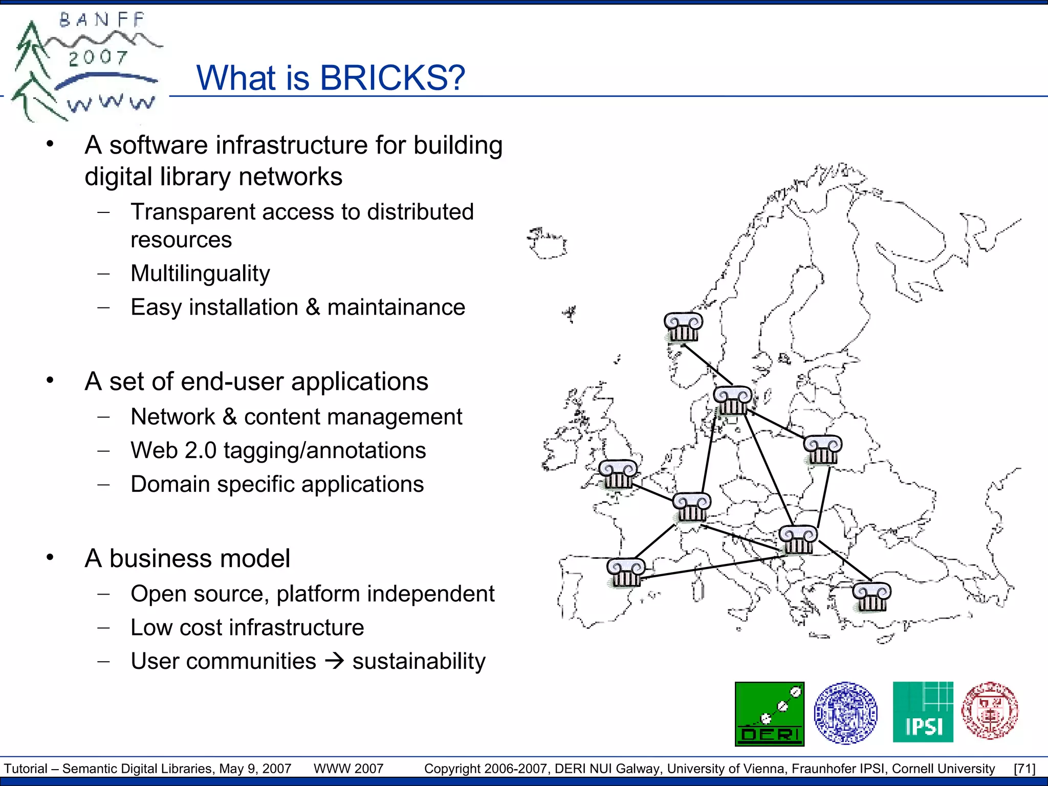 What is BRICKS? A software infrastructure for building digital library networks Transparent access to distributed resources Multilinguality Easy installation & maintainance A set of end-user applications Network & content management Web 2.0 tagging/annotations Domain specific applications A business model Open source, platform independent Low cost infrastructure User communities    sustainability 