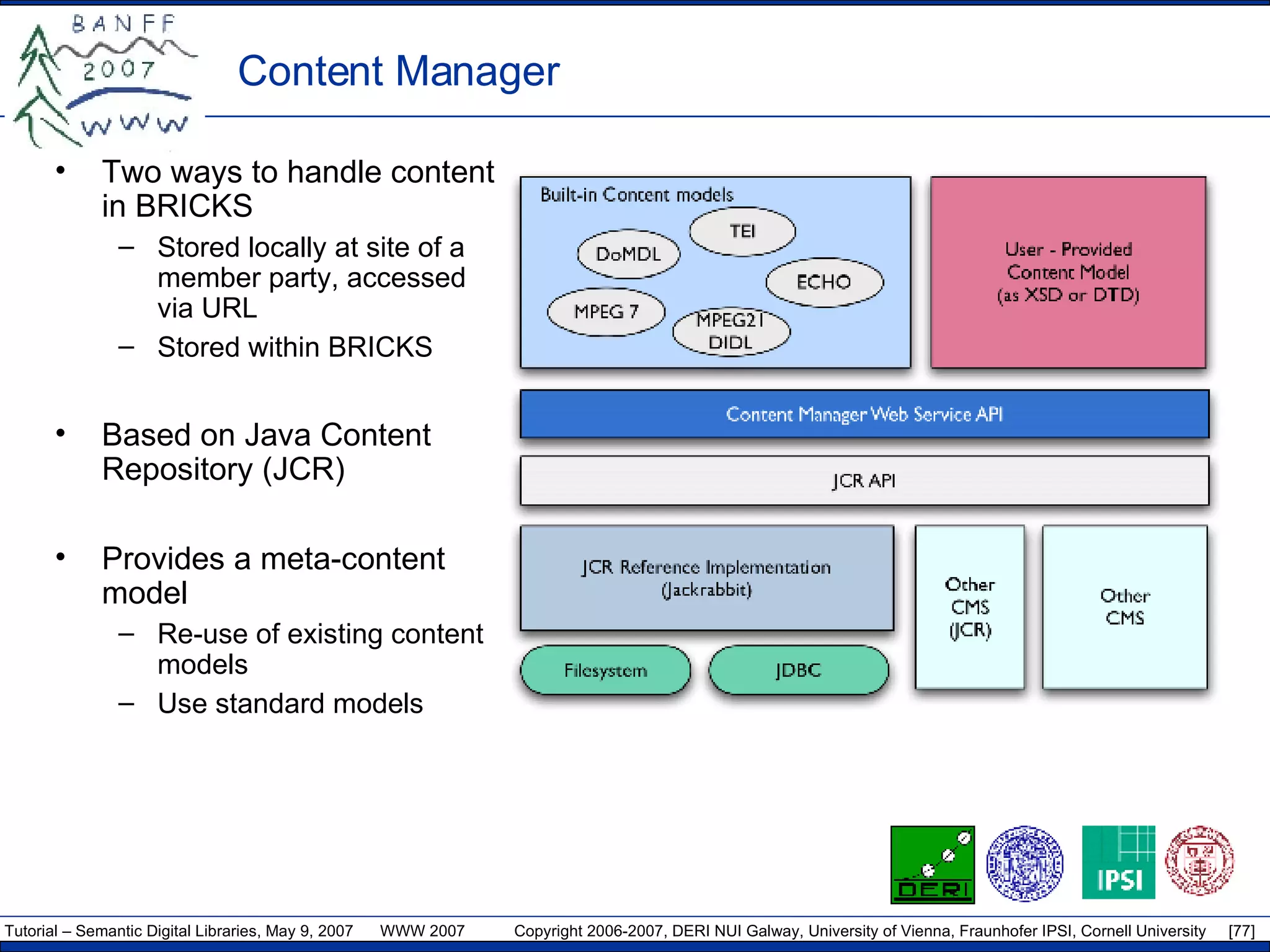 Content Manager Two ways to handle content in BRICKS Stored locally at site of a member party, accessed via URL Stored within BRICKS Based on Java Content Repository (JCR) Provides a meta-content model Re-use of existing content models Use standard models 