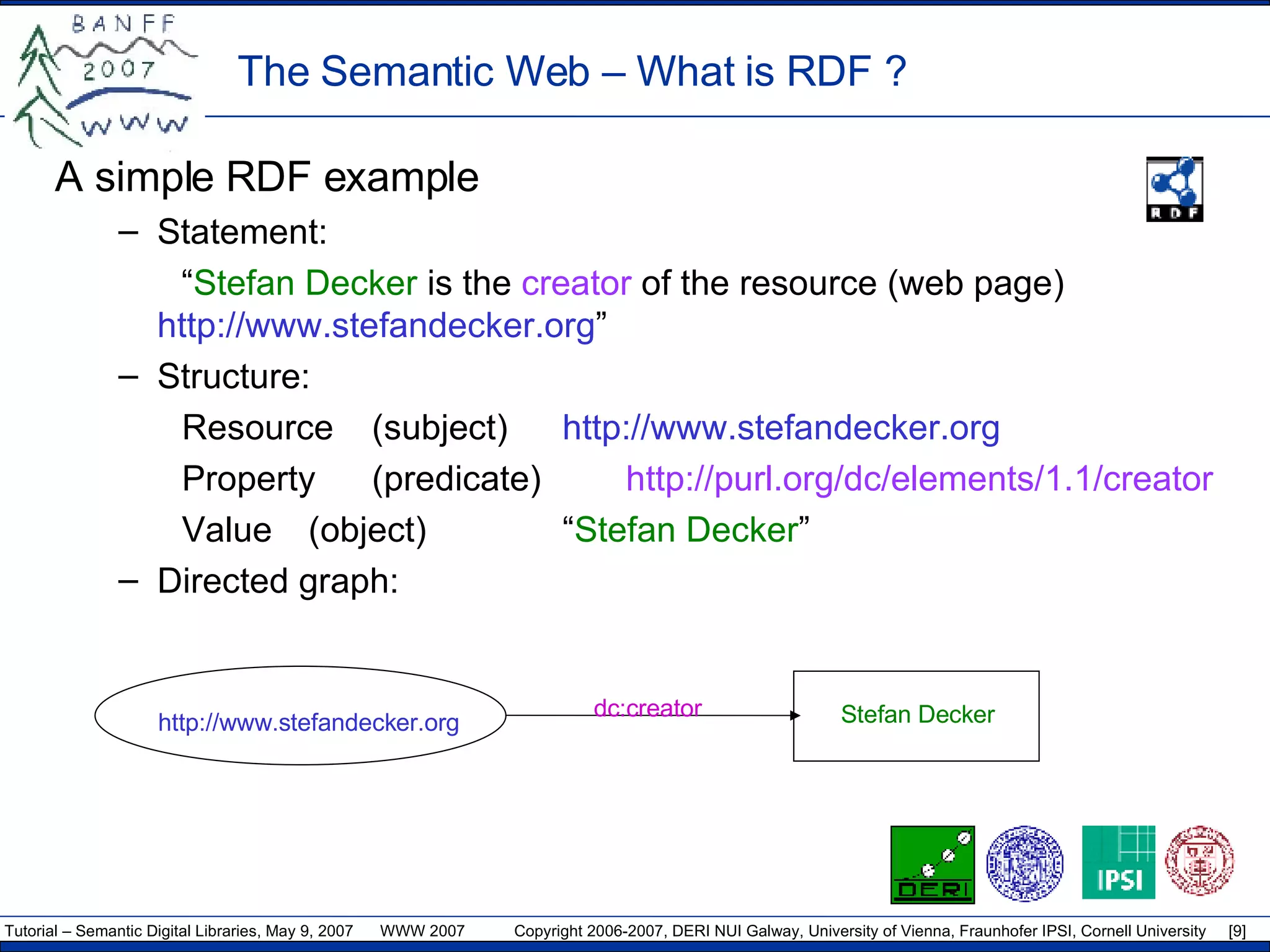The Semantic Web –  What is RDF ? A simple RDF example Statement: “ Stefan Decker  is the  creator  of the resource (web page)   http://www.stefandecker.org ” Structure: Resource (subject) http://www.stefandecker.org Property (predicate)  http://purl.org/dc/elements/1.1/creator Value (object)  “ Stefan Decker ” Directed graph: http://www.stefandecker.org dc:creator Stefan Decker 