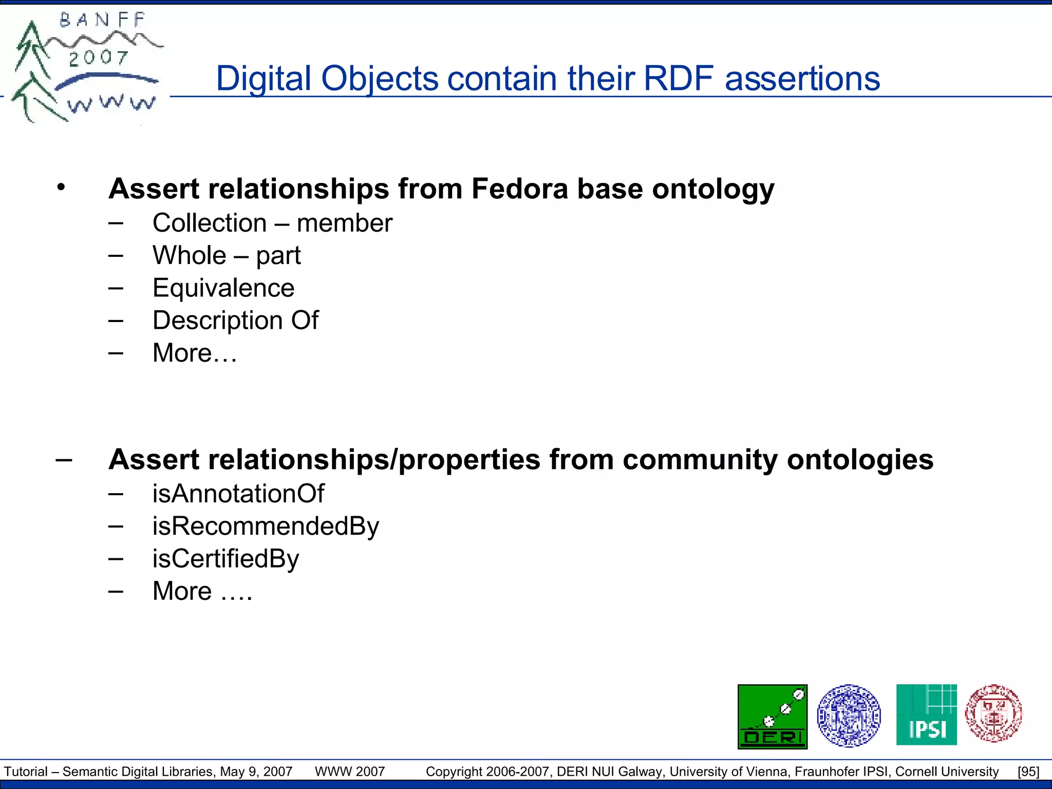 Digital Objects contain their RDF assertions Assert relationships from Fedora base ontology Collection – member Whole – part Equivalence Description Of More… Assert relationships/properties from community ontologies isAnnotationOf isRecommendedBy isCertifiedBy More …. 
