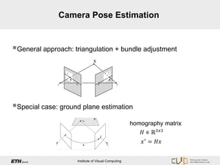 Camera Pose Estimation


General approach: triangulation + bundle adjustment
                                X



                  x                       x'




Special case: ground plane estimation

                                                         𝐻 ∊ ℝ3𝑥𝑥
                                                      homography matrix


                                                          𝑥 ′ = 𝐻𝐻


                      Institute of Visual Computing
 