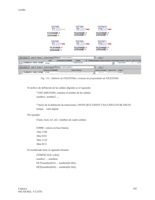 cenidet




                         Fig. 151.- Símbolo de FILESTIMn y ventana de propiedades de FILESTIM4.


          El archivo de definición de las señales digitales es el siguiente:
                   * ENCABEZADO, contiene el nombre de las señales
                   nombre1, nombre2 ....


                   * Inicio de la definición de transiciones. (NOTE QUE EXISTE UNA LINEA EN BLANCO)
                   tiempo valor digital

          Por ejemplo:
                   Clock, reset, in1, in2 ; nombres de cuatro señales


                   0 0000 ; valores en base binaria
                   10ns 1100
                   20ns 0101
                   30ns 1110
                   40ns 0111

          El encabezado tiene el siguiente formato:
                   [TIMESCALE=valor]
                   nombre1 ... nombren
                   OCT(nombre(bit3) ... nombre(bit lsb))...
                   HEX(nombre(bit4) ... nombre(bit lsb))..




Cadence                                                                                               102
OrCAD REL. 9.2 LITE
 