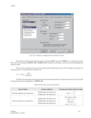 cenidet




                                     Fig. 254. Ventana de configuración del análisis de ruido.


         Para ejecutar el análisis seleccionado se utiliza el comando “RUN” del menú “PSPICE”, o se presiona la tecla de
F11, esto activa el programa PSPICE AD, en PSPICE AD se realizará la simulación y abrirá un área para desplegado de
formas de onda.

         Para el circuito se quiere conocer cual es la relación señal a ruido (signal to noise o S/N en inglés) con respecto a la
fuente de señal V1. La relación S/N se define como:

                          æ    señal ö
          S / N = 20 log ç
                   ×                      ÷
                          è ruido total ø

        El análisis de ruido genera varias funciones que contienen información de las señales de ruido del circuito, la tabla
IX muestra las funciones disponibles en PSPICE AD.

                                              TABLA IX Funciones de ruido disponibles.


              Tipo de Ruido                              Función utilizada            Ecuación que define al tipo de ruido
                                                                                                                        a
                                                   NFID(nombre del dispositivo)                                     I f
  Ruido de parpadeo de un dispositivo                                                               ruido µ k× f
                                                   NFIB(nombre del dispositivo)                                      fb
                                                                                                 Para diodos y BJTs:
                                                   NSID(nombre del dispositivo)
                                                                                                     ruido µ × 2 × q I
   Ruido de disparo de un dispositivo              NSIB(nombre del dispositivo)
                                                                                                      Para FETs:
                                                   NSIC(nombre del dispositivo)
                                                                                                 ruido µ × 4 × k× T ×   dI
                                                                                                                        dV
                                                                                                                             2
                                                                                                                             3




Cadence                                                                                                                          167
OrCAD REL. 9.2 LITE
 