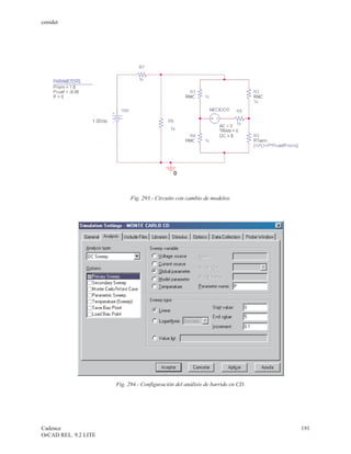 cenidet




                            Fig. 293.- Circuito con cambio de modelos.




                      Fig. 294.- Configuración del análisis de barrido en CD.




Cadence                                                                         191
OrCAD REL. 9.2 LITE
 