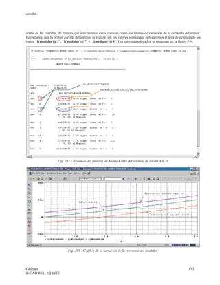 cenidet




arriba de las corridas, de manera que utilizaremos estas corridas como los límites de variación de la corriente del sensor.
Recordando que la primer corrida del análisis se realiza con los valores nominales, agregaremos al área de desplegado los
trazos “I(medidor)@1”, “I(medidor)@7” y “I(medidor)@9”. Los trazos desplegados se muestran en la figura 298.




                      Fig. 297.- Resumen del análisis de Monte Carlo del archivo de salida ASCII.




                             Fig. 298.- Gráfico de la variación de la corriente del medidor.




Cadence                                                                                                           193
OrCAD REL. 9.2 LITE
 