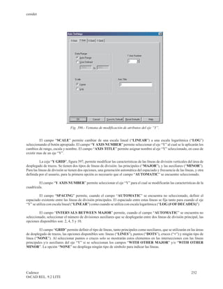 cenidet




                               Fig. 396.- Ventana de modificación de atributos del eje “Y”.


         El campo “SCALE” permite cambiar de una escala lineal (“LINEAR”) a una escala logarítmica (“LOG”)
seleccionando el botón apropiado. El campo “Y AXIS NUMBER” permite seleccionar el eje “Y” al cual se le aplicarán los
cambios de rango, escala y nombre. El campo “AXIS TITLE” permite asignar nombre al eje “Y” seleccionado, en caso de
existir mas de un eje “Y”.

          La ceja “Y GRID”, figura 397, permite modificar las características de las líneas de división verticales del área de
desplegado de trazos. Se tienen dos tipos de líneas de división: las principales (“MAJOR”), y las auxiliares (“MINOR”).
Para las líneas de división se tienen dos opciones, una generación automática del espaciado y frecuencia de las líneas, y otra
definida por el usuario, para la primera opción es necesario que el campo “AUTOMATIC” se encuentre seleccionado.

         El campo “Y AXIS NUMBER” permite seleccionar el eje “Y” para el cual se modificarán las características de la
cuadrícula.

         El campo “SPACING” permite, cuando el campo “AUTOMATIC” se encuentra no seleccionado, definir el
espaciado existente entre las líneas de división principales. El espaciado entre estas líneas se fija tanto para cuando el eje
“Y” se utiliza con escala lineal (“LINEAR”) como cuando se utiliza con escala logarítmica (“LOG (# OF DECADES)”)

         El campo “INTERVALS BETWEEN MAJOR” permite, cuando el campo “AUTOMATIC” se encuentra no
seleccionado, seleccionar el número de divisiones auxiliares que se desplegarán entre dos líneas de división principal, las
opciones disponibles son: 2, 4, 5 y 10.

         El campo “GRID” permite definir el tipo de líneas, tanto principales como auxiliares, que se utilizarán en las áreas
de desplegado de trazos, las opciones disponibles son: líneas (“LINES”), puntos (“DOTS”), cruces (“+”) y ningún tipo de
línea (“NONE”). Al seleccionar puntos o cruces solo se mostrarán estos elementos en las intersecciones con las líneas
principales y/o auxiliares del eje “Y” si se seleccionan los campos “WITH OTHER MAJOR” y/o “WITH OTHER
MINOR”. La opción “NONE” no despliega ningún tipo de símbolo para indicar las líneas.




Cadence                                                                                                              252
OrCAD REL. 9.2 LITE
 