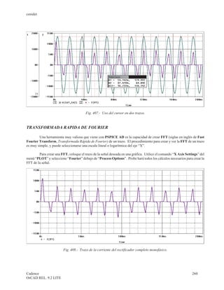 cenidet




                                        Fig. 407.- Uso del cursor en dos trazos.



TRANSFORMADA RAPIDA DE FOURIER

        Una herramienta muy valiosa que viene con PSPICE AD es la capacidad de crear FFT (siglas en inglés de Fast
Fourier Transform, Transformada Rápida de Fourier) de un trazo. El procedimiento para crear y ver la FFT de un trazo
es muy simple, y puede seleccionarse una escala lineal o logarítmica del eje “X”.

        Para crear una FFT, coloque el trazo de la señal deseada en una gráfica. Utilice el comando “X Axis Settings” del
menú “PLOT” y seleccione “Fourier” debajo de “Process Options”. Probe hará todos los cálculos necesarios para crear la
FFT de la señal.




                         Fig. 408.- Trazo de la corriente del rectificador completo monofásico.




Cadence                                                                                                         260
OrCAD REL. 9.2 LITE
 