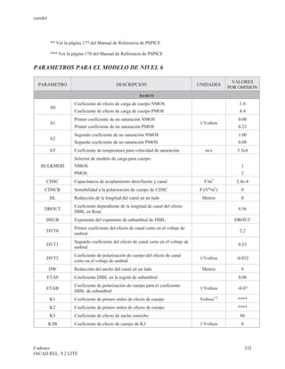 cenidet




          ** Ver la página 177 del Manual de Referencia de PSPICE

          *** Ver la página 178 del Manual de Referencia de PSPICE


PARAMETROS PARA EL MODELO DE NIVEL 6

                                                                                                       VALORES
  PARAMETRO                                  DESCRIPCION                               UNIDADES
                                                                                                     POR OMISION
                                                         BASICO

                      Coeficiente de efecto de carga de cuerpo NMOS                                      1.0
          A0
                      Coeficiente de efecto de carga de cuerpo PMOS                                      4.4
                      Primer coeficiente de no saturación NMOS                                           0.00
          A1                                                                            1/Voltios
                      Primer coeficiente de no saturación PMOS                                           0.23
                      Segundo coeficiente de no saturación NMOS                                          1.00
          A2
                      Segundo coeficiente de no saturación PMOS                                          0.08
          AT          Coeficiente de temperatura para velocidad de saturación              m/s          3.3e4
                      Selector de modelo de carga para cuerpo:
   BULKMOD            NMOS                                                                                1
                      PMOS                                                                                2
      CDSC            Capacitancia de acoplamiento dren/fuente y canal                    F/m2          2.4e-4
                                                                                                 2
     CDSCB            Sensibilidad a la polarización de cuerpo de CDSC                  F/(V*m )          0
          DL          Reducción de la longitud del canal en un lado                      Metros           0
                      Coeficiente dependiente de la longitud de canal del efecto
     DROUT                                                                                               0.56
                      DIBL en Rout
      DSUB            Exponente del exponente de subumbral de DIBL                                     DROUT
                      Primer coeficiente del efecto de canal corto en el voltaje de
      DVT0                                                                                               2.2
                      umbral
                      Segundo coeficiente del efecto de canal corto en el voltaje de
      DVT1                                                                                               0.53
                      umbral
                      Coeficiente de polarización de cuerpo del efecto de canal
      DVT2                                                                              1/Votlios       -0.032
                      corto en el voltaje de umbral
          DW          Reducción del ancho del canal en un lado                           Metros           0
      ETA0            Coeficiente DIBL en la región de subumbral                                         0.08
                      Coeficiente de polarización de cuerpo para el coeficiente
      ETAB                                                                              1/Voltios       -0.07
                      DIBL de subumbral
          K1          Coeficiente de primer orden de efecto de cuerpo                   Voltios1/2      ****
          K2          Coeficiente de primer orden de efecto de cuerpo                                   ****
          K3          Coeficiente de efecto de ancho estrecho                                            80
          K3B         Coeficiente de efecto de cuerpo de K3                             1/Voltios         0




Cadence                                                                                                       332
OrCAD REL. 9.2 LITE
 