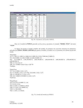 cenidet




                                       Fig. 69.- Parámetros del modelo PSPICE.


      Para ver el modelo de PSPICE generado con las curvas, ejecutamos el comando “MODEL TEXT” del menú
“VIEW”.

         La figura 70 muestra el listado completo del modelo, las primeras tres secciones muestran los parámetros
utilizados por PSPICE MODEL EDITOR para genera el modelo, el modelo en sí se encuentra en la última sección del
listado.

*BeginSpec
*IF: (1.1300,1) (1.3400,3) (1.6000,10) (1.8000,18) (2,29) (2.2000,40) (2.4000,53)
*JC: (50,43.000E-12) (100,33.000E-12) (600,18.000E-12)
*RL: (0,15.000E-9) (100,100.00E-9) (200,190.00E-9) (300,200.00E-9)                  (400,300.00E-9)   (500,400.00E-9)
(600,800.00E-9)
*RB: Vz=0 Iz=0 Zz=0
*RR: Trr=19.000E-9 Ifwd=4 Irev=4 Rl=50
*EndSpec

*BeginTrace
*IF: 1,0,1,2.4000,1,3,0,0,-1 (27)
*JC: 0,1,50,600,1,3,0,0,-1 (27) *RL: 0,0,0,600,1,3,0,0,-1 (27)
*RB: 0,1,100.00E-6,1,1,3,0,0,-1 (27)
*RR: 0,0,-5.0000E-9,70.000E-9,1,3,0,0,-1 (27)
*EndTrace

*BeginParam
*IS=25.873E-6 (10.000E-21,.1,0)
*N=3.0126 (.2,5,0)
*RS=12.443E-3 (1.0000E-6,100,0)
*IKF=21.516E-3 (0,1.0000E3,0)
*XTI=3 (-100,100,0)
*EG=1.1100 (.1,5.5100,0)

                                        Fig. 70.- Listado del modelo de PSPICE.




Cadence                                                                                                        50
OrCAD REL. 9.2 LITE
 