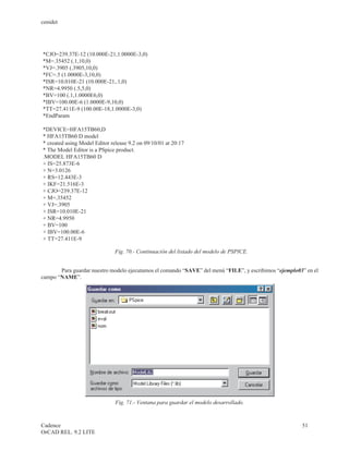 cenidet




*CJO=239.37E-12 (10.000E-21,1.0000E-3,0)
*M=.35452 (.1,10,0)
*VJ=.3905 (.3905,10,0)
*FC=.5 (1.0000E-3,10,0)
*ISR=10.010E-21 (10.000E-21,.1,0)
*NR=4.9950 (.5,5,0)
*BV=100 (.1,1.0000E6,0)
*IBV=100.00E-6 (1.0000E-9,10,0)
*TT=27.411E-9 (100.00E-18,1.0000E-3,0)
*EndParam

*DEVICE=HFA15TB60,D
* HFA15TB60 D model
* created using Model Editor release 9.2 on 09/10/01 at 20:17
* The Model Editor is a PSpice product.
.MODEL HFA15TB60 D
+ IS=25.873E-6
+ N=3.0126
+ RS=12.443E-3
+ IKF=21.516E-3
+ CJO=239.37E-12
+ M=.35452
+ VJ=.3905
+ ISR=10.010E-21
+ NR=4.9950
+ BV=100
+ IBV=100.00E-6
+ TT=27.411E-9

                               Fig. 70.- Continuación del listado del modelo de PSPICE.


       Para guardar nuestro modelo ejecutamos el comando “SAVE” del menú “FILE”, y escribimos “ejemplo03” en el
campo “NAME”.




                               Fig. 71.- Ventana para guardar el modelo desarrollado.



Cadence                                                                                                 51
OrCAD REL. 9.2 LITE
 