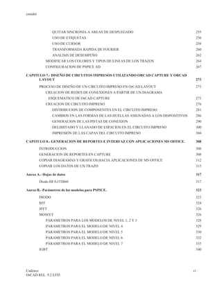 cenidet



                   QUITAR SINCRONIA A AREAS DE DESPLEGADO                               255
                   USO DE ETIQUETAS                                                         256
                   USO DE CURSOR                                                            258
                   TRANSFORMADA RAPIDA DE FOURIER                                       260
                   ANALISIS DE DESEMPEÑO                                                262
                MODIFICAR LOS COLORES Y TIPOS DE LINEAS DE LOS TRAZOS                   264
                CONFIGURACION DE PSPICE AD                                              267

CAPITULO 7.- DISEÑO DE CIRCUITOS IMPRESOS UTILIZANDO ORCAD CAPTURE Y ORCAD
      LAYOUT                                                                                273
          PROCESO DE DISEÑO DE UN CIRCUITO IMPRESO EN OrCAD LAYOUT                      273
                CREACION DE REDES DE CONEXIONES A PARTIR DE UN DIAGRAMA
                 ESQUEMATICO DE OrCAD CAPTURE                                           273
                CREACION DE CIRCUITO IMPRESO                                            276
                   DISTRIBUCION DE COMPONENTES EN EL CIRCUITO IMPRESO                   281
                   CAMBIOS EN LAS FORMAS DE LAS HUELLAS ASIGNADAS A LOS DISPOSITIVOS    286
                   GENERACION DE LAS PISTAS DE CONEXION                                 290
                   DELIMITADO Y LLANADO DE ESPACIOS EN EL CIRCUITO IMPRESO              300
                   IMPRESIÓN DE LAS CAPAS DEL CIRCUITO IMPRESO                          304

CAPITULO 8.- GENERACION DE REPORTES E INTERFAZ CON APLICACIONES MS OFFICE.              308
          INTRODUCCION                                                                  308
          GENERACION DE REPORTES EN CAPTURE                                             308
          COPIAR DIAGRAMAS Y GRAFICOS HACIA APLICACIONES DE MS OFFICE                   312
          COPIAR LOS DATOS DE UN TRAZO                                                  315

Anexo A.- Hojas de datos                                                                    317
          Diodo HFA15TB60                                                                   317

Anexo B.- Parámetros de los modelos para PSPICE.                                        323
          DIODO                                                                         323
          BJT                                                                           324
          JFET                                                                          326
          MOSFET                                                                        326
                PARAMETROS PARA LOS MODELOS DE NIVEL 1, 2 Y 3                           328
                PARAMETROS PARA EL MODELO DE NIVEL 4                                    329
                PARAMETROS PARA EL MODELO DE NIVEL 5                                    330
                PARAMETROS PARA EL MODELO DE NIVEL 6                                    332
                PARAMETROS PARA EL MODELO DE NIVEL 7                                    335
          IGBT                                                                          340




Cadence                                                                                vi
OrCAD REL. 9.2 LITE
 