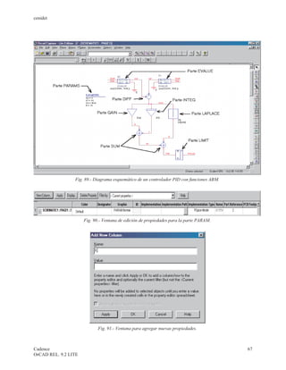 cenidet




                 Fig. 89.- Diagrama esquemático de un controlador PID con funciones ABM.




                      Fig. 90.- Ventana de edición de propiedades para la parte PARAM.




                             Fig. 91.- Ventana para agregar nuevas propiedades.



Cadence                                                                                    67
OrCAD REL. 9.2 LITE
 