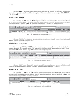cenidet




         El campo “TABLE” permite definir el comportamiento de la fuente por medio de tercias de datos en este formato
(frecuencia, magnitud, fase), las unidades de magnitud y fase son definidas en los campos “MAGUNITS” y
“PHASEUNITS”.

FUENTE LAPLACIANA

         Las fuentes tipo ELAPLACE y GLAPLACE, permiten definir el comportamiento de la señal de salida en función
de una transformación en el plano “S” de la señal de entrada. Para modificar la ecuación de la transformación, es necesario
seleccionar la fuente y presionar “CTRL E” para editar sus propiedades y modificar los campos requeridos.




                                    Fig. 123.- Propiedades de la fuente ELAPLACE.


         El campo “XFORM” permite definir la ecuación de transformación del voltaje de control. Esta ecuación puede
definirse como un cociente de polinomios de “S”.

FUENTE TIPO POLINOMIO

         Las fuentes tipo EPOLY y GPOLY, permiten definir el comportamiento de la señal de salida en función de una
ecuación polinomial de la señal de entrada. Para modificar el grado de ecuación, es necesario seleccionar la fuente y
presionar “CTRL E” para editar sus propiedades y modificar los campos requeridos.




                                       Fig. 124.- Propiedades de la fuente EPOLY.


        El campo “COEF” define el grado de la ecuación que modifica al voltaje de control, es posible definir los pares de
puntos que definen el polinomio. El número de pares de puntos utilizados debe ser igual a COEF + 1.

FUENTE TIPO TABLA

          Las fuentes tipo ETABLE y GTABLE, permiten definir el comportamiento de la señal de salida en función de una
tabla de pares de puntos. Para modificar el grado de ecuación, es necesario seleccionar la fuente y presionar “CTRL E” para
editar sus propiedades y modificar los campos requeridos.




                                      Fig. 125.- Propiedades de la fuente ETABLE




Cadence                                                                                                            86
OrCAD REL. 9.2 LITE
 