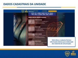 DADOS CADASTRAIS DA UNIDADE
Além disso, o cadastro fornece
informações básicas para elaboração
dos materiais de comunicação.
 