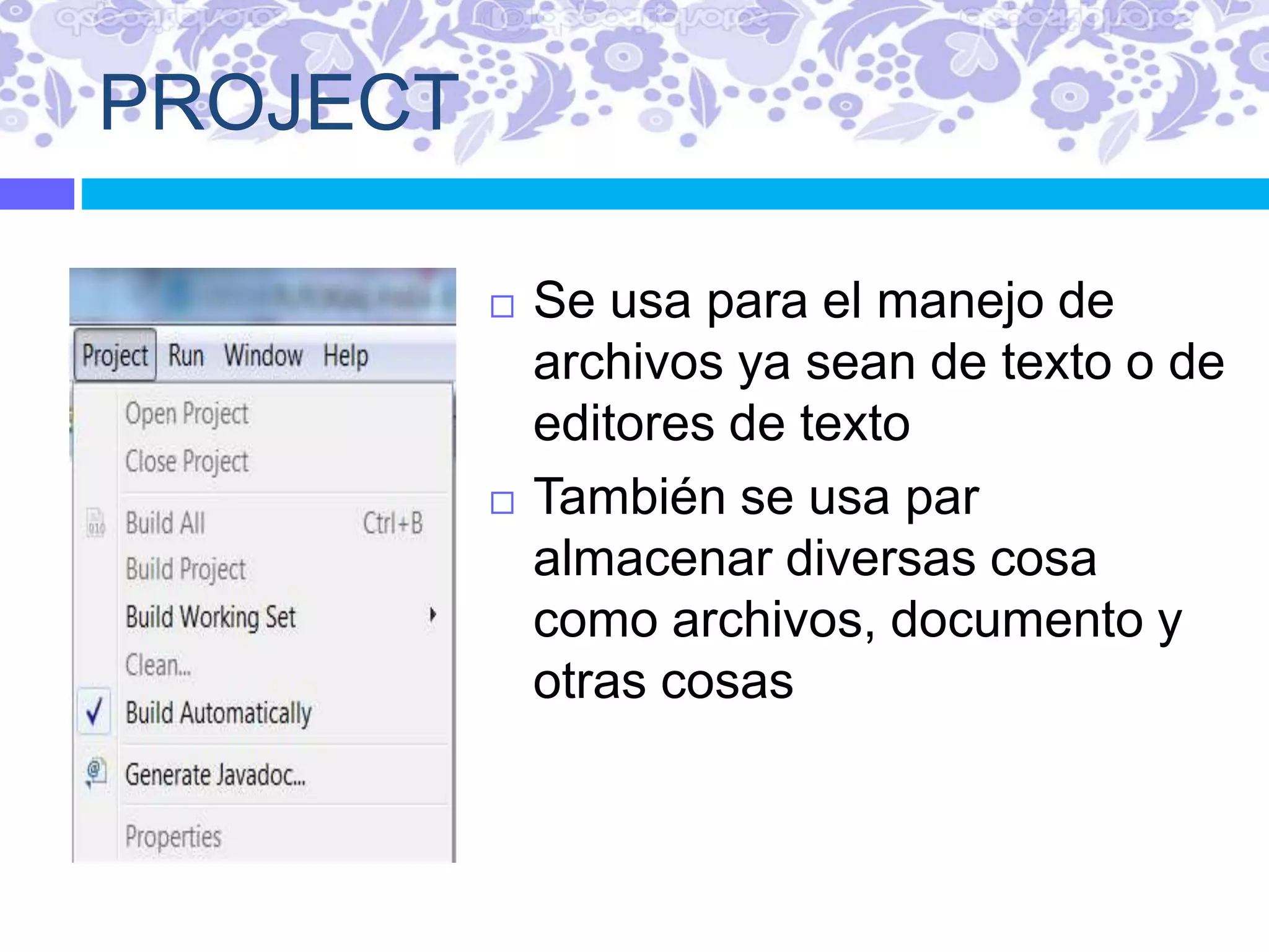 PROJECT
 Se usa para el manejo de
archivos ya sean de texto o de
editores de texto
 También se usa par
almacenar diversas cosa
como archivos, documento y
otras cosas
 