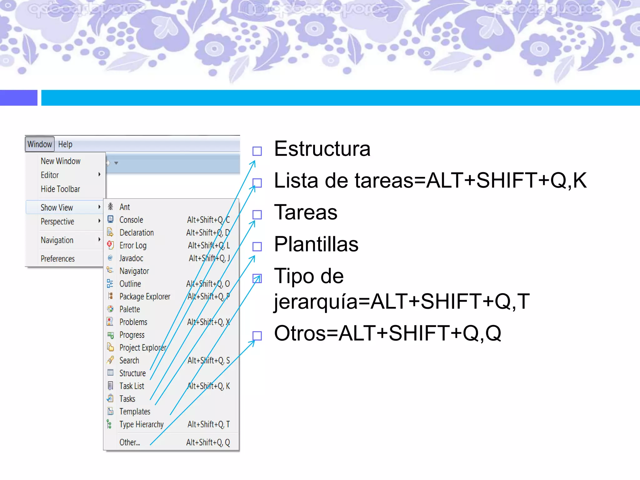  Estructura
 Lista de tareas=ALT+SHIFT+Q,K
 Tareas
 Plantillas
 Tipo de
jerarquía=ALT+SHIFT+Q,T
 Otros=ALT+SHIFT+Q,Q
 