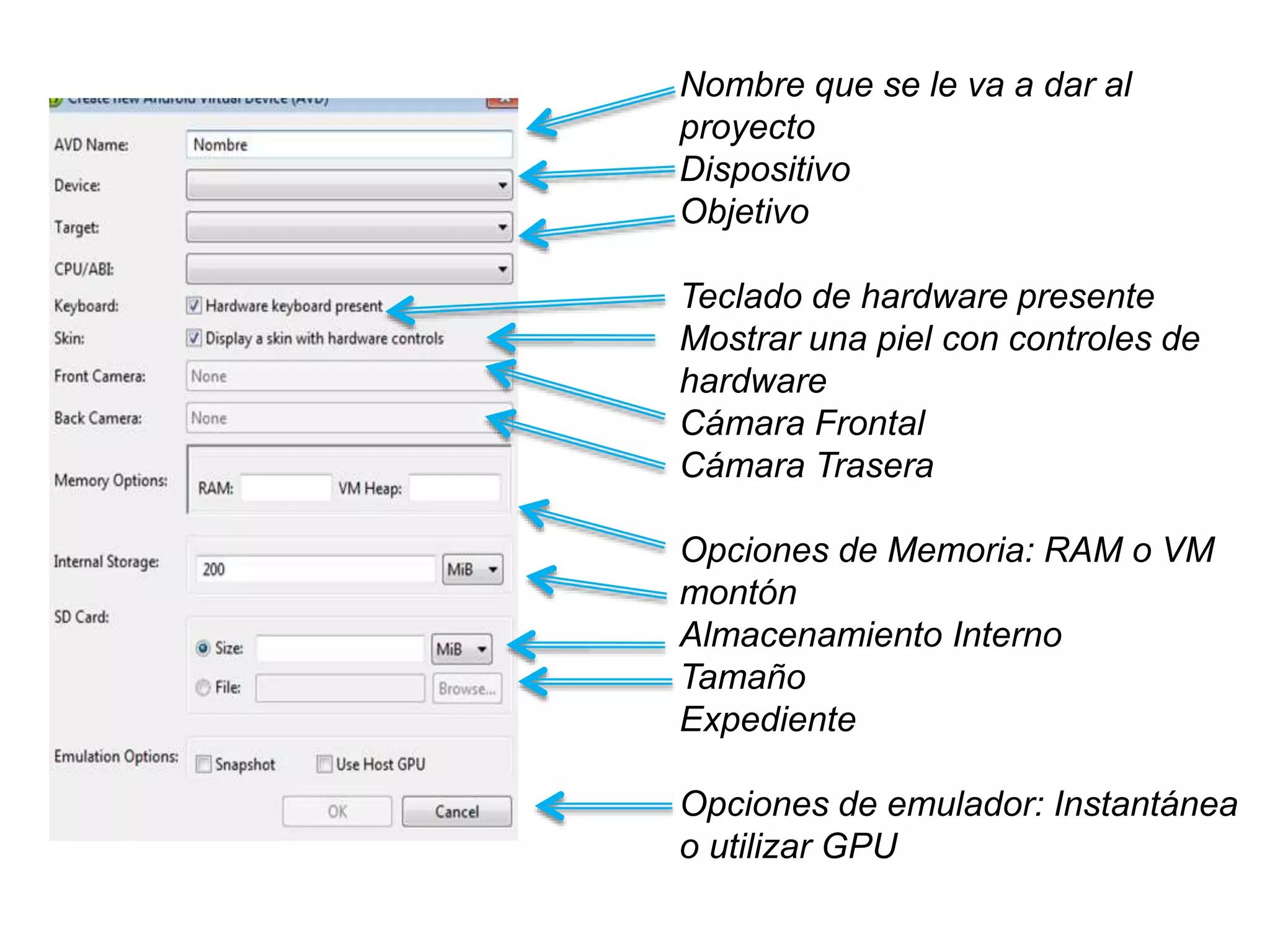 Nombre que se le va a dar al
proyecto
Dispositivo
Objetivo
Teclado de hardware presente
Mostrar una piel con controles de
hardware
Cámara Frontal
Cámara Trasera
Opciones de Memoria: RAM o VM
montón
Almacenamiento Interno
Tamaño
Expediente
Opciones de emulador: Instantánea
o utilizar GPU
 