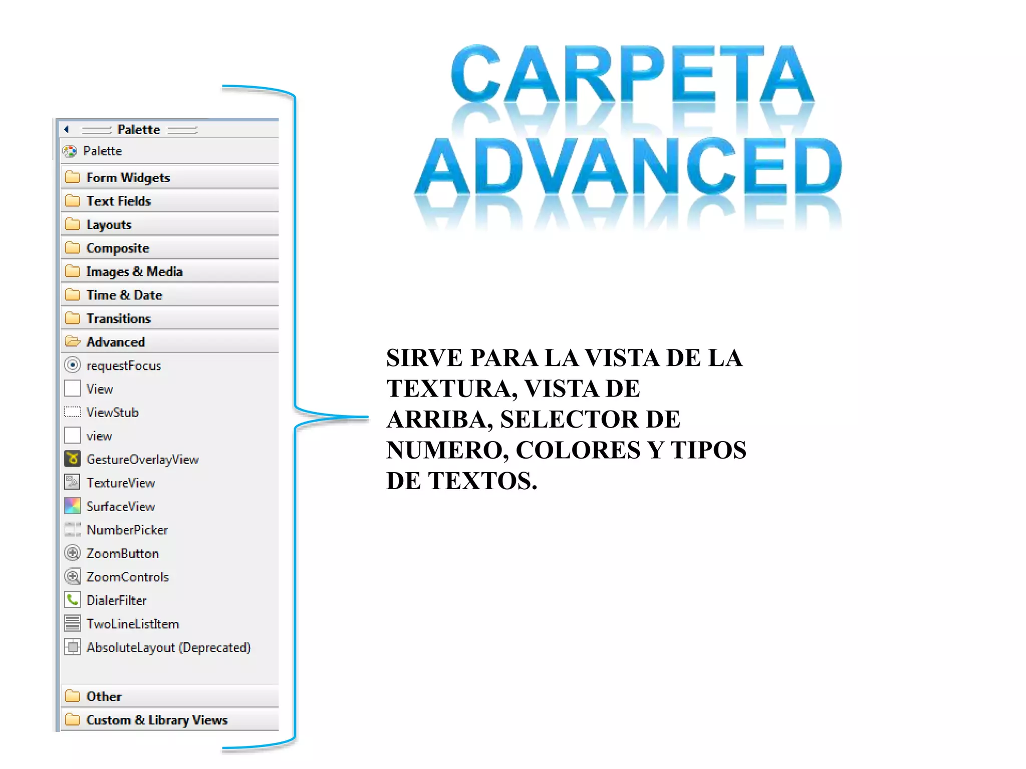 SIRVE PARA LA VISTA DE LA
TEXTURA, VISTA DE
ARRIBA, SELECTOR DE
NUMERO, COLORES Y TIPOS
DE TEXTOS.
 