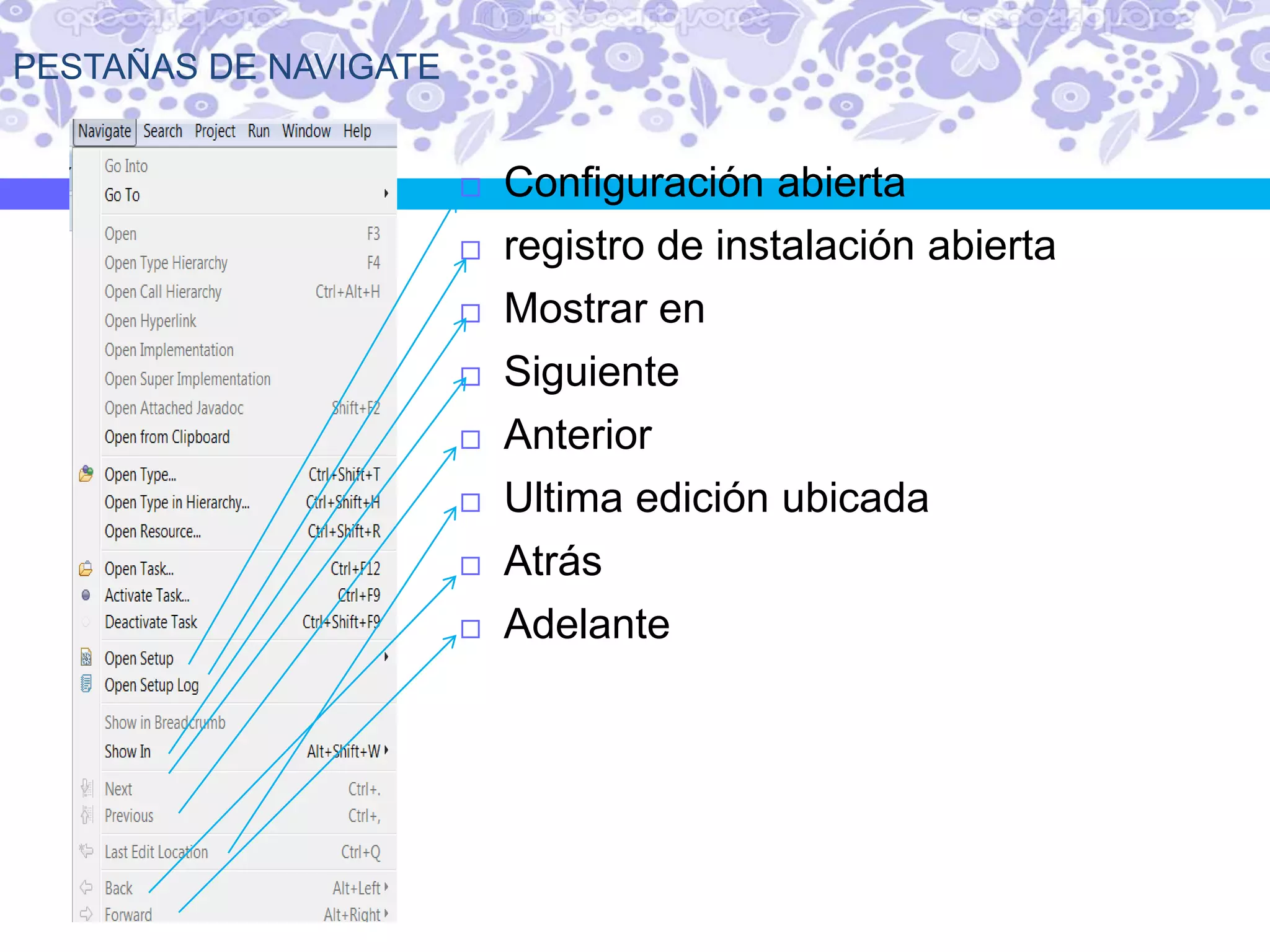 PESTAÑAS DE NAVIGATE
 Configuración abierta
 registro de instalación abierta
 Mostrar en
 Siguiente
 Anterior
 Ultima edición ubicada
 Atrás
 Adelante
 