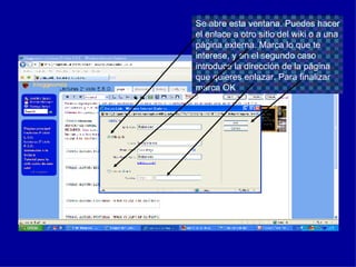 Se abre esta ventana. Puedes hacer el enlace a otro sitio del wiki o a una página externa. Marca lo que te interese, y en el segundo caso introduce la dirección de la página que quieres enlazar. Para finalizar marca OK 