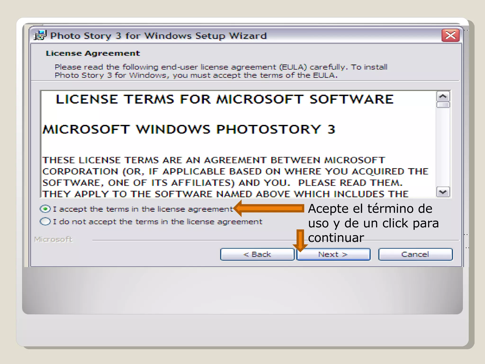 Acepte el término de uso y de un click para continuar 