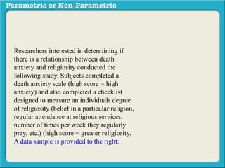Researchers interested in determining if
there is a relationship between death
anxiety and religiosity conducted the
following study. Subjects completed a
death anxiety scale (high score = high
anxiety) and also completed a checklist
designed to measure an individuals degree
of religiosity (belief in a particular religion,
regular attendance at religious services,
number of times per week they regularly
pray, etc.) (high score = greater religiosity.
A data sample is provided to the right:
 