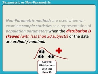 Non-Parametric methods are used when we
examine sample statistics as a representation of
population parameters when the distribution is
skewed (with less than 30 subjects) or the data
are ordinal / nominal.
Skewed
Distributions
with less
than 30
 