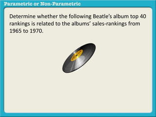 Determine whether the following Beatle’s album top 40
rankings is related to the albums’ sales-rankings from
1965 to 1970.
 