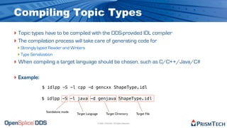 Compiling Topic Types
‣ Topic types have to be compiled with the DDS-provided IDL compiler
‣ The compilation process will take care of generating code for
 ‣ Strongly typed Reader and Writers
 ‣ Type Serialization
‣ When compiling a target language should be chosen, such as C/C++/Java/C#

‣ Example:
             $ idlpp -S -l cpp -d gencxx ShapeType.idl

             $ idlpp -S -l java -d genjava ShapeType.idl


              Standalone mode
                                Target Language             Target Directory               Target File

                                                  © 2009, PrismTech. All Rights Reserved
 