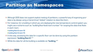 Partition as Namespaces

‣ Although DDS does not support explicit nesting of partitions, a powerful way of organizing your
    data is by always using a hierarchical “dotted” notation to describe them.
‣   For instance, for a building in which you are deploying the new temperature control system you
    might use a scheme such as “building.floor-level.room-number” for scoping the data that flows
    in each room.
    ‣ building.floor-2.room-10
    ‣ building.floor-3.room-15
‣ In this way, accessing the data for a specific floor can be done by using the partition
    expression “building.floor-2.*”
‣   While the data for all the building is available via “building.*”



                                             © 2009, PrismTech. All Rights Reserved
 